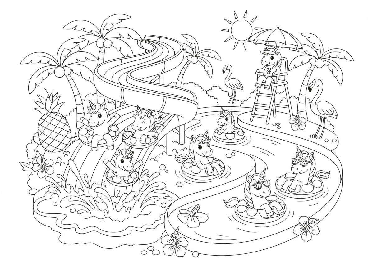 חד קרנים בפארק מים - חד קרנים בפארק מים, מחליקים במגלשות מים צבעוניות, בריכת התזה, נהר עצלן עם גלגלי ים, חד קרן מציל, קישוטים טרופיים, יום קיץ שמשי