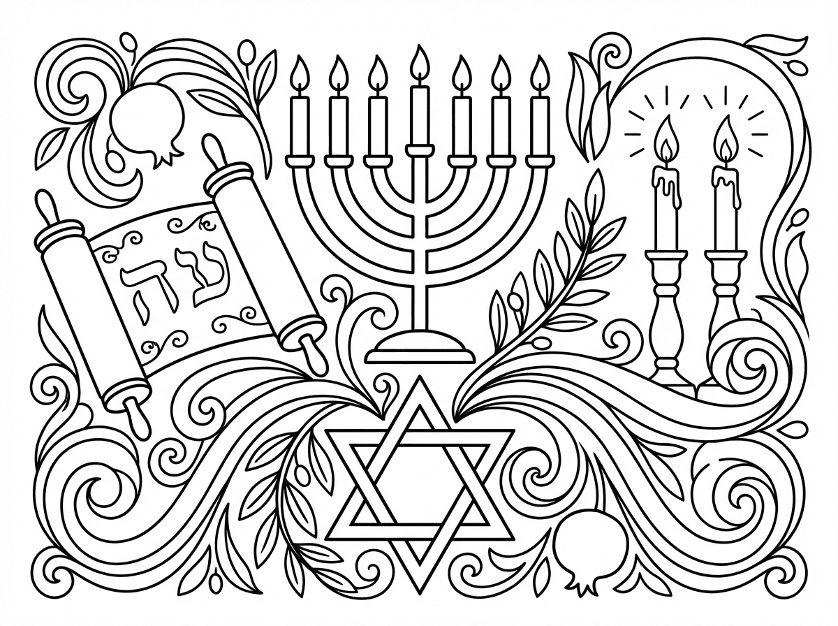 תיצור לי דף צביעה בנושא יהדות משהו שהציורים שלו פשוטים ולא מסובכים אבל עדיין הוא נראה עשיר ומיוחד
