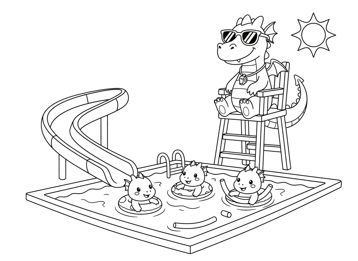 דרקון מציל בבריכה - דרקון מציל בבריכת שחייה, יושב על כיסא גבוה עם משרוקית, משקפי שמש, דרקונים תינוקות שוחים עם מצופים, מגלשת מים, נודלס בריכה, יום שמשי