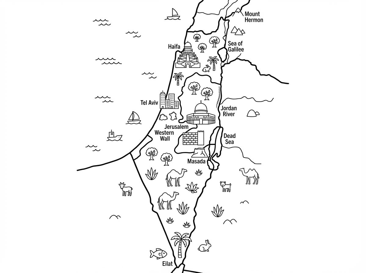 אני רוצה שתצייר לי דף צביה של מפת ארץ ישראל בגודל A4