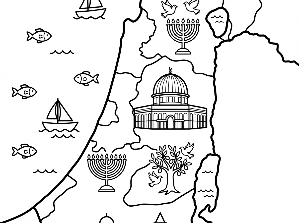תצייר לי דף צביעה של מפת ארץ ישראל לאורך לא יותר מידי דחוסה ועמוסה ובלי כיתובים באנגלית