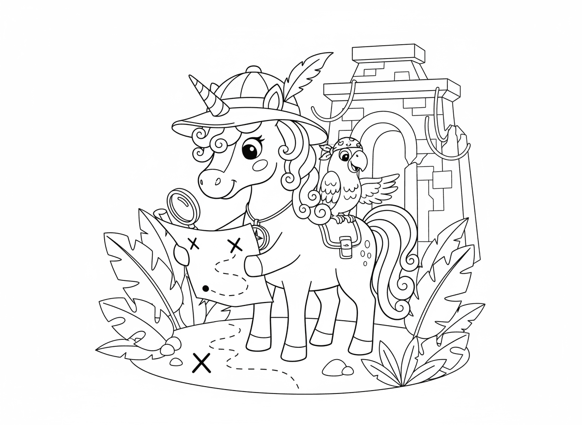 חד קרן צייד אוצרות עם מפה - חד קרן הרפתקן עם מפת אוצרות, כובע חוקר, זכוכית מגדלת, עוקב אחרי סימני X על המפה, ג'ונגל, חורבות עתיקות, מצפן על שרשרת, תוכי מדריך