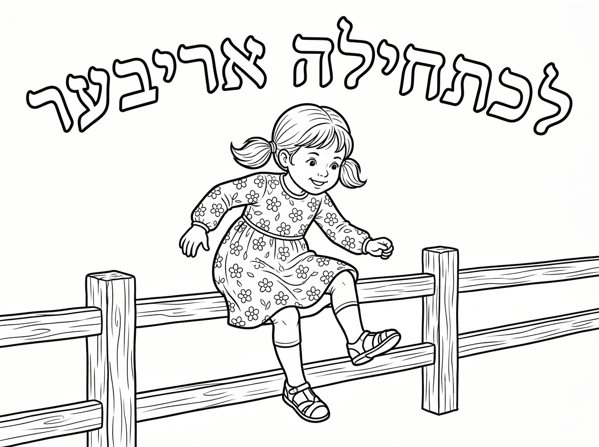 ילדה קטנה 
עם קוקיות שמלה פרחונית שמכסה את הברך והמרפק
עם גרביונים וסנדלים

עומדת ליד גדר לא מידי גבוהה
ומנסה לדלג מעליה

הכותרת:
״לכתחילה אריבער״