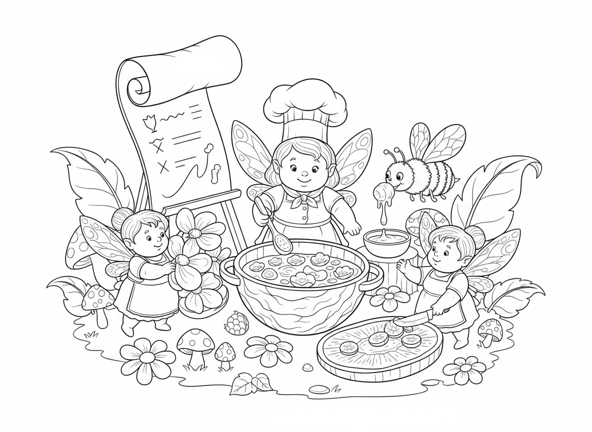 שיעור בישול לפיות - פיות בשיעור בישול, פייה שף מדריכה, מכינות מרק עלי כותרת בסיר קליפת אגוז, קרש חיתוך פירות יער, דבורה מביאה דבש, מתכון כתוב על עלה