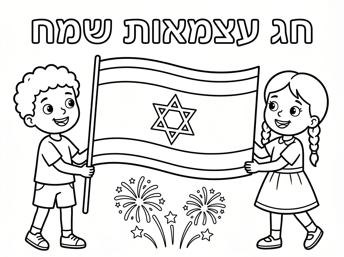 תכין לי דף צביעה לכבוד יום העצמאות. 
דף צביעה של דגל ישראל אותו מחזיקים משני הצדדים ילד וילדה. 
מעל הדגל תכתוב חג עצמאות שמח.