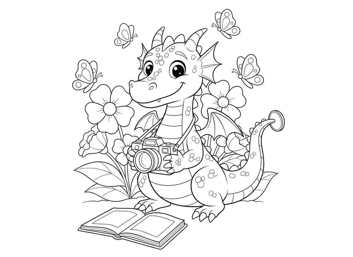 דרקון צלם מצלם טבע - דרקון עם מצלמה מצלם פרחים ופרפרים, רצועת מצלמה על הצוואר, מתכופף נמוך לצילום, אלבום תמונות בקרבת מקום, מכסה עדשה על הזנב