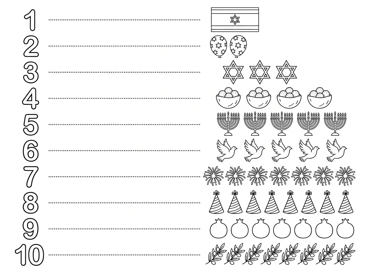 תעשה לי דף עבודה הבתאמתצכמות לספרה בנושא יום העצמאות שיהיה מעניין עד הספרה 10