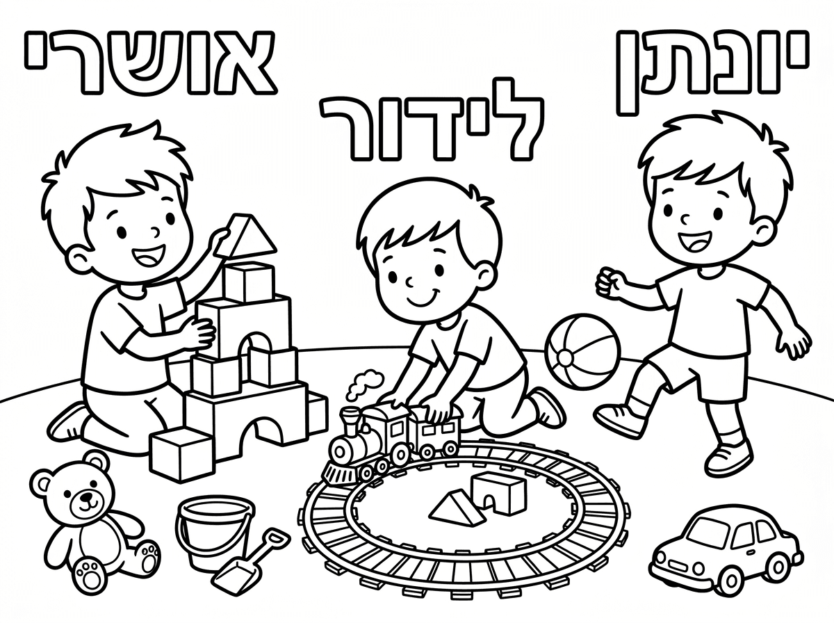 דף צביעה לילדים בשם אושרי ולידור ויונתן משחקים ביחד