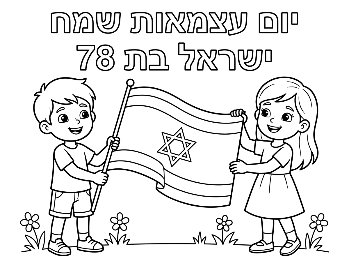 תכין לי דף צביעה לכבוד יום העצמאות. 
דף צביעה של דגל ישראל אותו מחזיקים משני הצדדים ילד וילדה. 
מעל הדגל תכתוב בשורה ראשונה יום עצמאות שמח 
בשורה שניה ישראל בת 78.