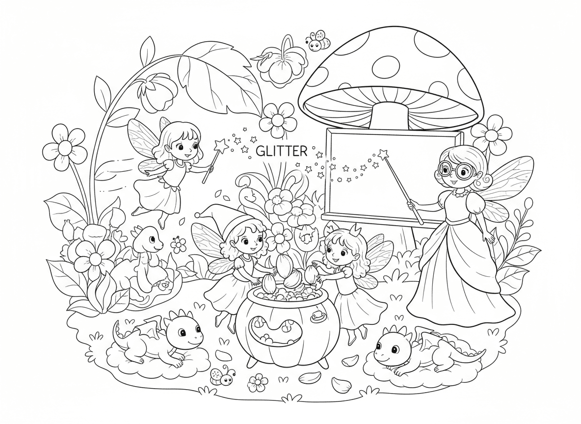 בית ספר לפיות מתחילות - פיות קטנות לומדות לעוף בכיתה עשויה מפרחים, פייה מתרגלת כישופים עם שרביט נוצץ שיוצר כוכבים, אחרת מערבבת שיקויים מעלי כותרת, מורה פייה עם משקפיים על לוח פטריות, ודרקונים תינוקות כחיות כיתה