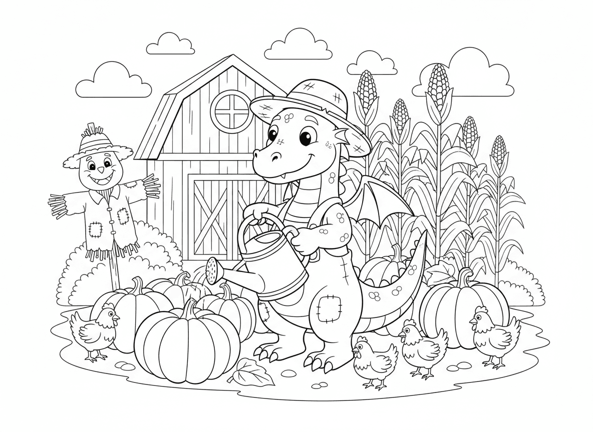 דרקון חקלאי מגדל ירקות - דרקון חקלאי בסרבל מטפל בגינת ירקות, דלעות ענקיות, שדה תירס, משפך השקיה, דחליל שנראה כמו דרקון, תרנגולות סביב, אסם ברקע