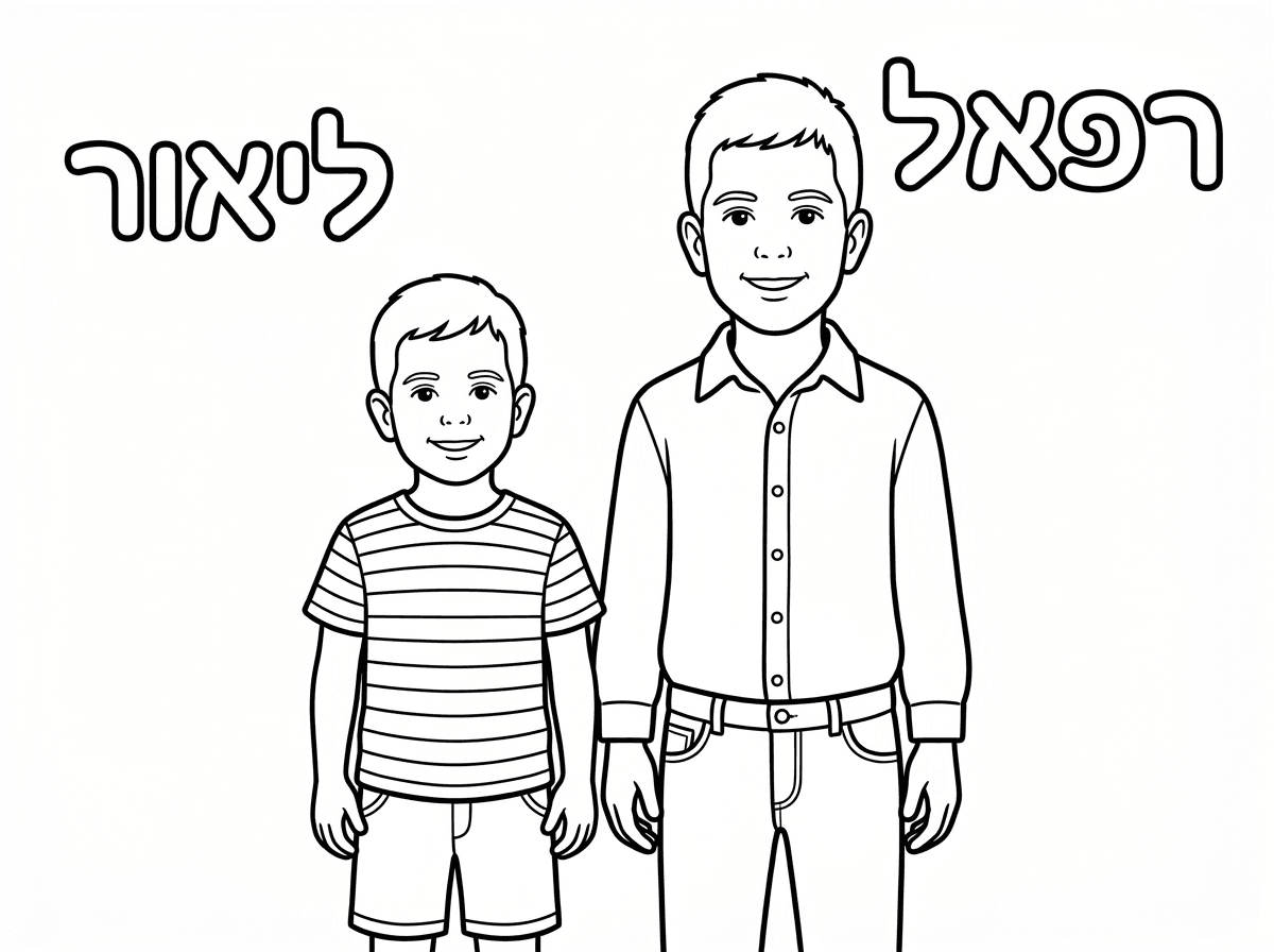 תכין לי בבקשה דף צביעה של ילד שנראה בן 4 שקוראים לו ליאור וילד שנראה בן 9 שקוראים לו רפאל, השיער של שניהם קצר.