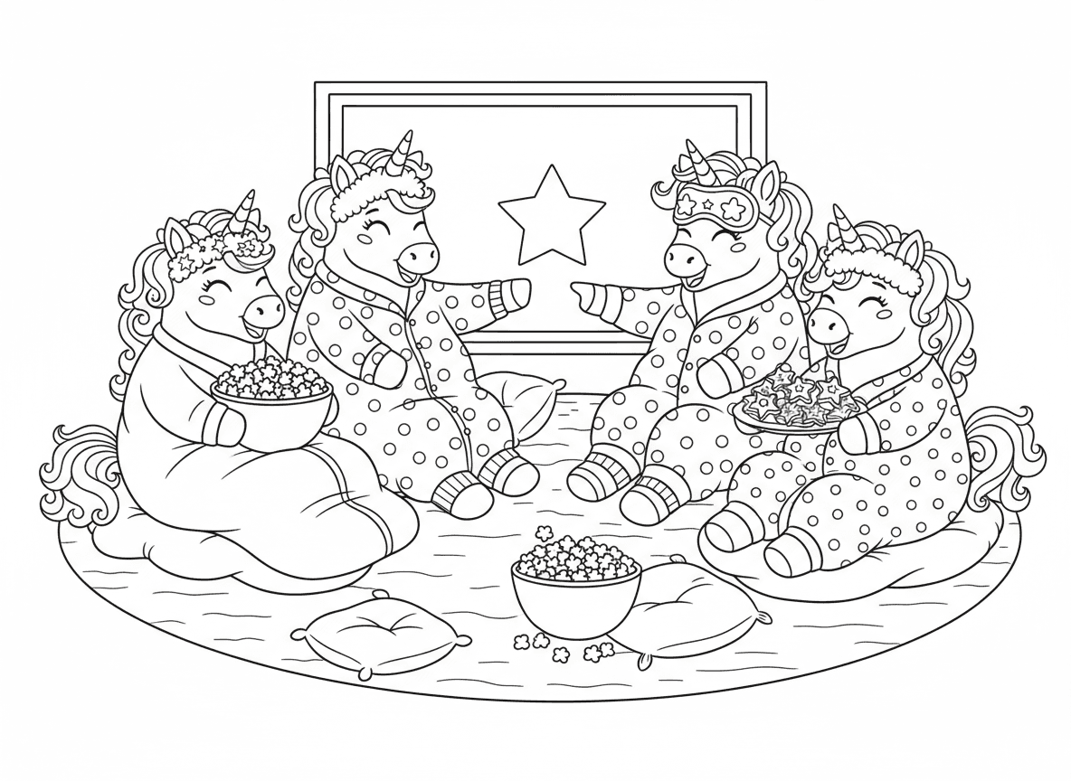 מסיבת פיג'מות של חד קרנים - חד קרנים במסיבת פיג'מות, צופים בסרט על מסך, קערות פופקורן, שקי שינה בצורת עננים, עוגיות בצורת כוכב, מסכות פנים, חמנים לקרן, גרביים נעימות