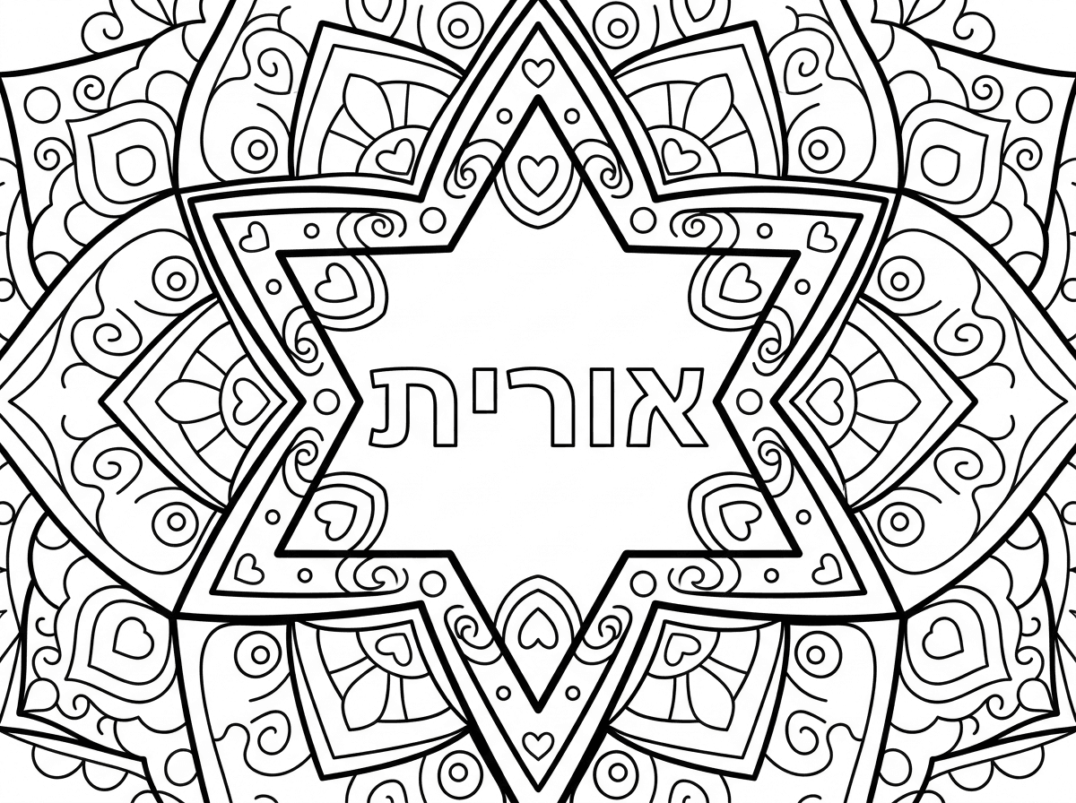 אנא הכן לי דף של מנדלה בצורת כוכב ובתוך הכוכב במרכז כתוב באותיות חלולות את המילה אורית