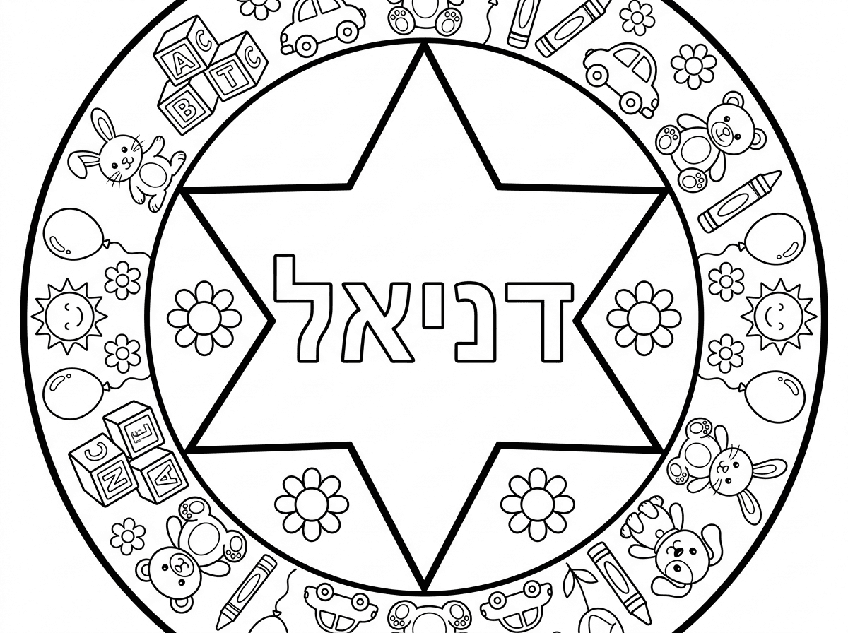 אני רוצה שהמנדלה תהיה בצורת עיגול ובתוך העיגול יהיה כוכב פנימי ובו באותיות חלולות יהיה המילה דניאל. הקישוט של המנדלה יהיה רק בעיגול   ובדברים הקשורים לגן ילדים