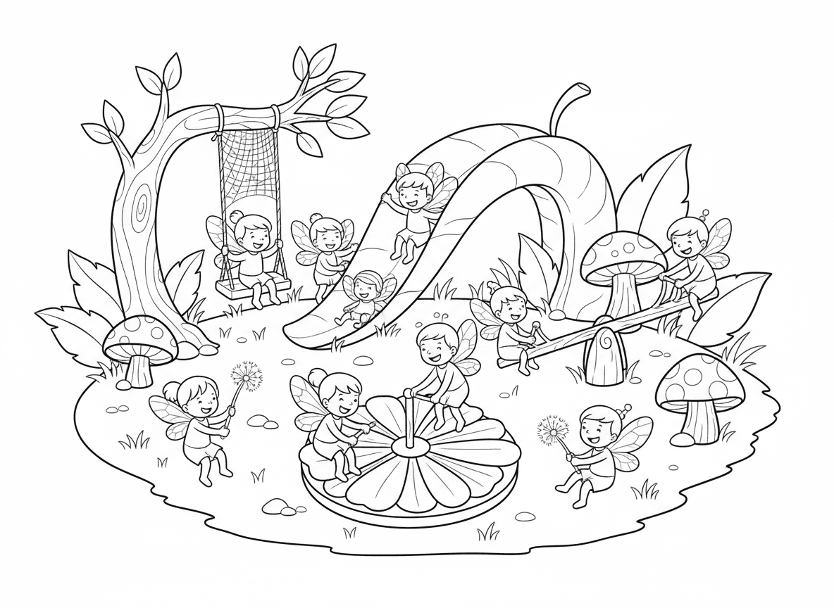 גן שעשועים של פיות - גן שעשועים של פיות בנוי מחומרים טבעיים, מגלשה מעלה מגולגל, נדנדה ממשי עכביש על ענף, נדנדה מענף ובלוט, קרוסלת פרחים, ילדי פיות משחקים