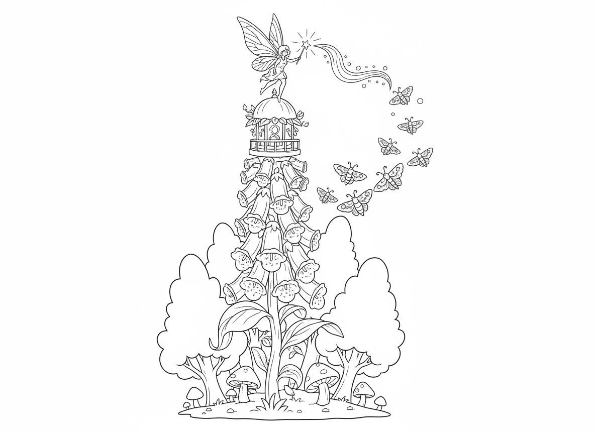 מגדלור פיות על פרח גבוה - מגדלור פיות בנוי על ראש פרח אצבעונית גבוה, פייה שומרת עם שרביט זוהר כאור, מנחה עשים שעפים בלילה, יער ערפילי, קרן אור נוצצת, חדר פנס בראש