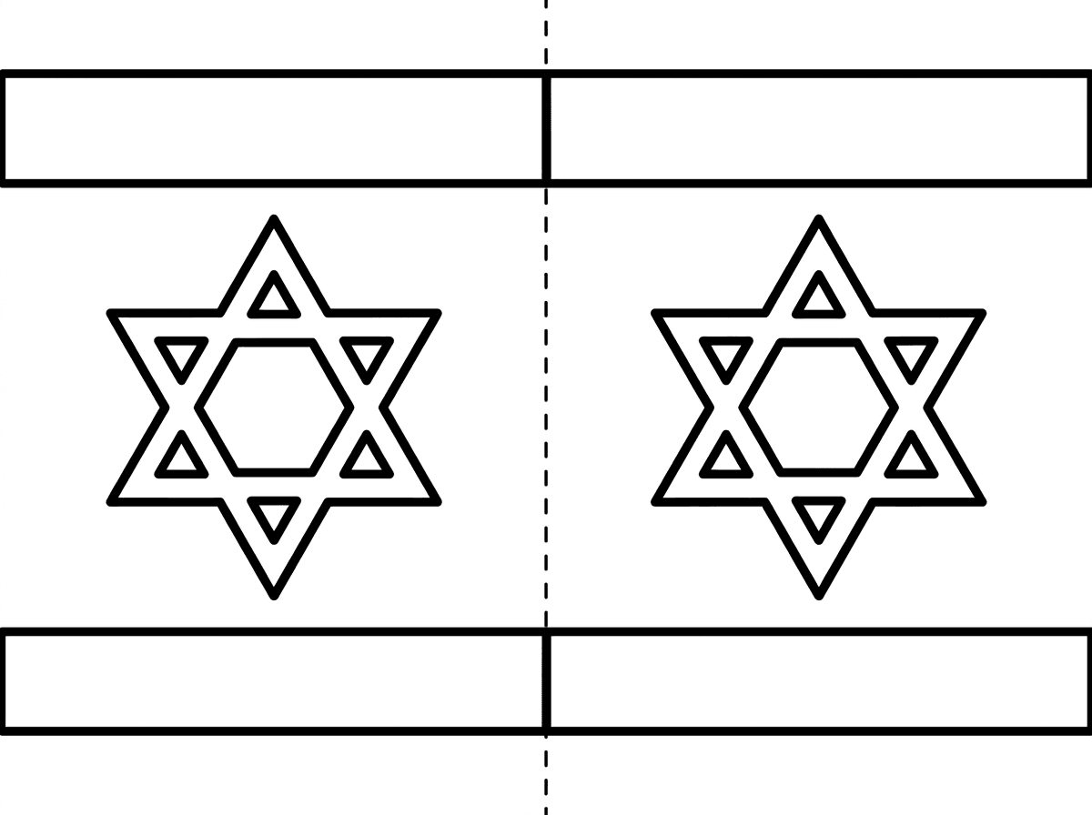 צור לי בבקשה שני דגלים כל דגל על חצי עמוד. מגן דויד חלול שאפשר לצבוע בפנים ושני פסים שגם אותם ניתן לצבוע. 
שני הדגלים יהיו בגודל שווה . 
הפרד בינהם בקו מקווקוו.