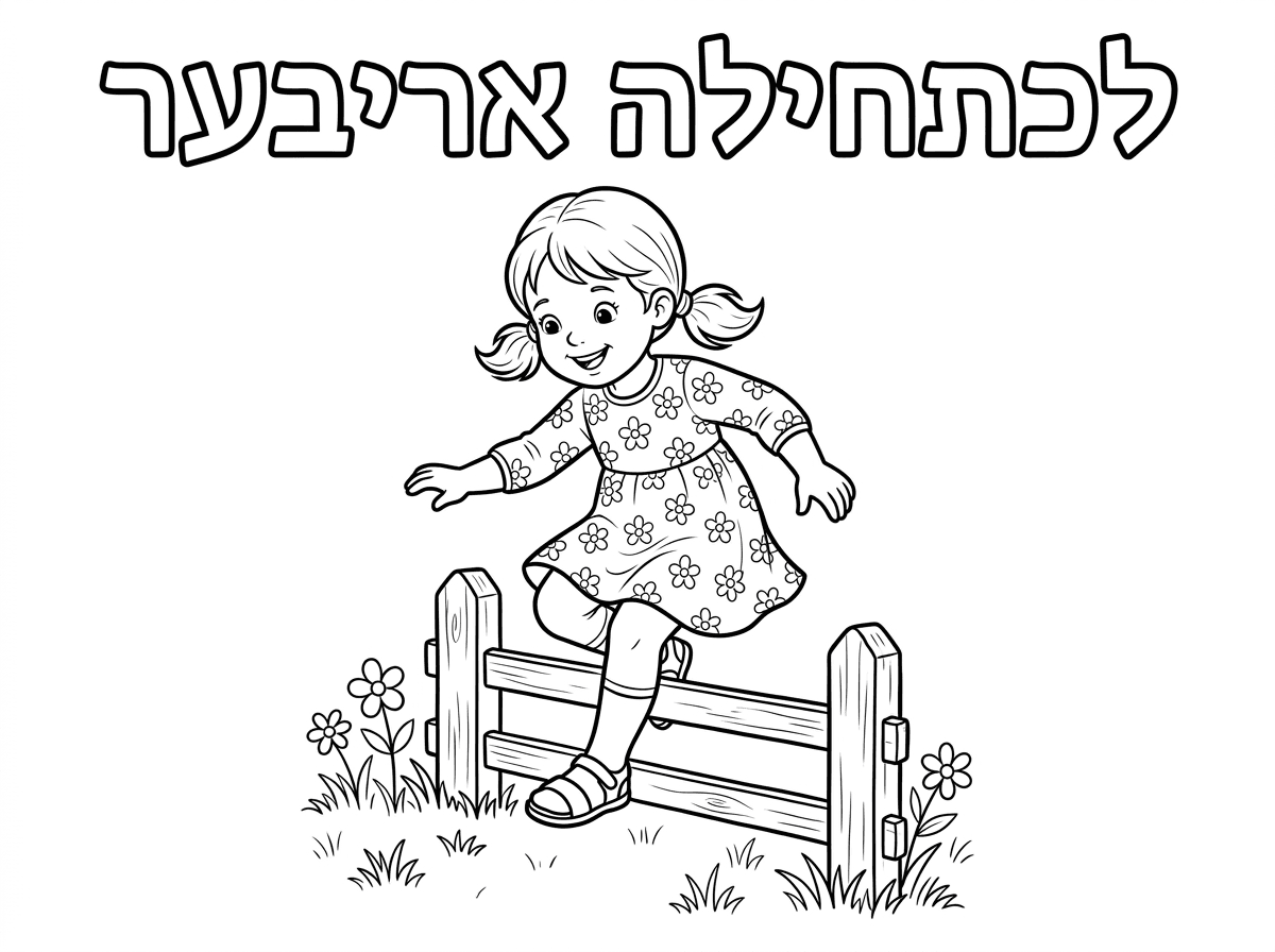 ילדה קטנה 
עם קוקיות שמלה פרחונית שמכסה את הברכיים והמרפקים
עם גרביונים וסנדלים

עומדת ליד גדר לא מידי גבוהה
ומנסה לדלג מעליה

הכותרת:
״לכתחילה אריבער״