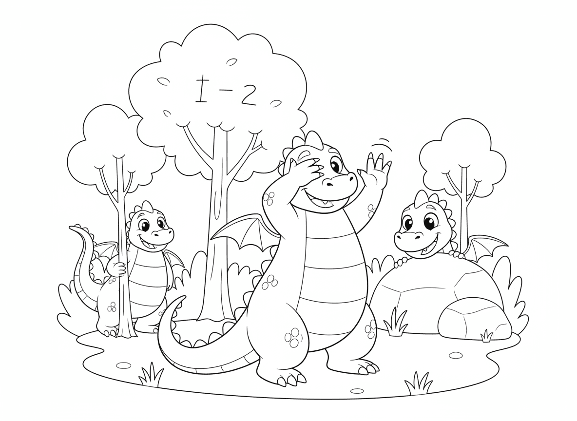 דרקונים משחקים מחבואים - דרקונים משחקים מחבואים, דרקון אחד מוסתר גרוע מאחורי עץ דק עם זנב בולט, אחר מציץ מאחורי סלע, דרקון מחפש סופר ליד עץ, יער