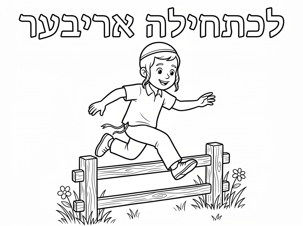 ילד קטן
עם כיפה חלקה
פיאןת קצרות ודקות עד סוף האוזן
לא פיאות ארוכות
חולצה קצרה לבנה
מכנסיים ארוכות עם חוטח ציצית

מדלג מעל גדר לא גבוהה

כותרת אותיות חלולות

לכתחילה אריבער