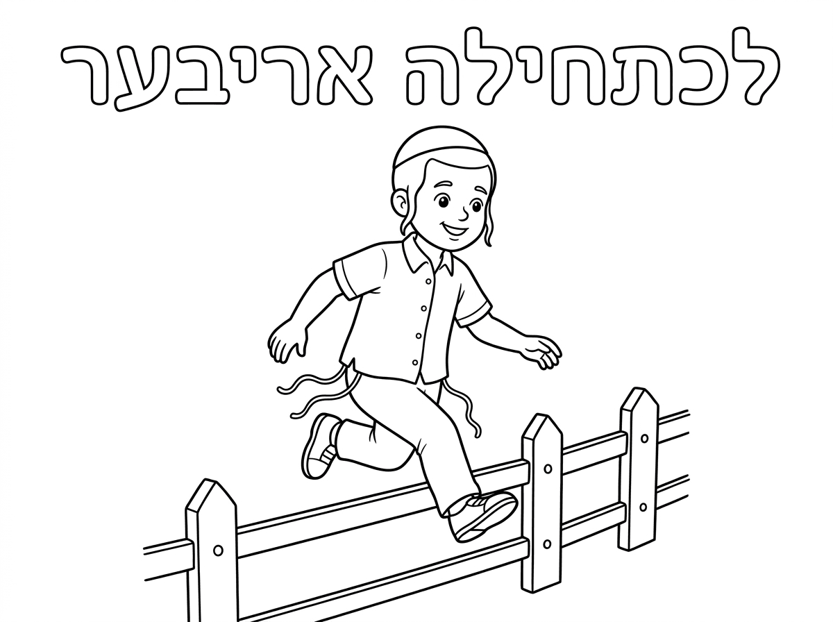 ילד קטן
עם כיפה חלקה
פיאןת קצרות ודקות עד סוף האוזן
לא פיאות ארוכות!!
חולצה קצרה לבנה
מכנסיים ארוכות עם חוטח ציצית

מדלג מעל גדר לא גבוהה

כותרת אותיות חלולות

לכתחילה אריבער
