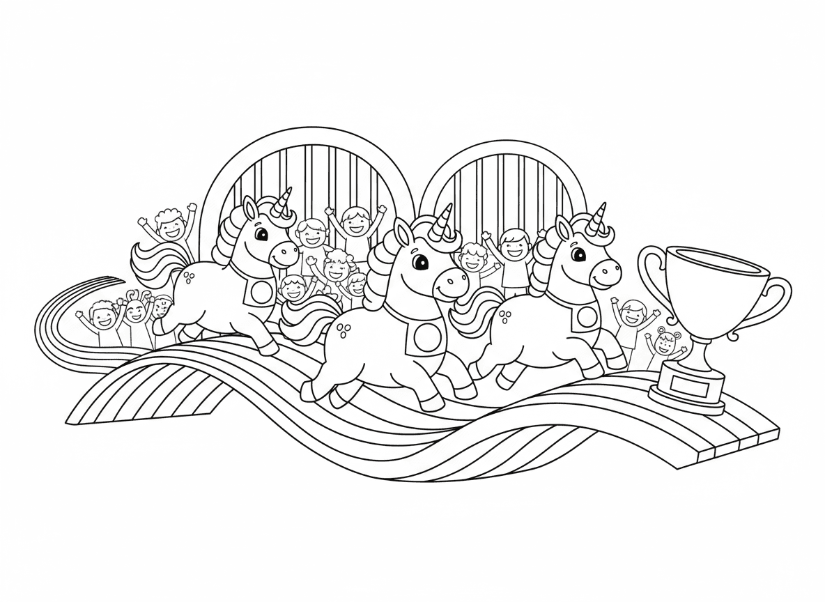 מרוץ חד קרנים - חד קרנים בתחרות מרוצים מרגשת, מסלול קשת, מספרי מירוץ, קהל מריע, גביע בקו הסיום, חד קרן אחד מוביל משאיר שובל קשת, שערי התחלה