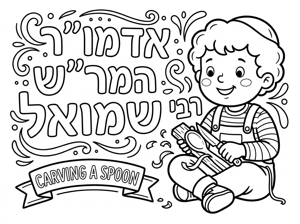 אני רוצה תמונה של ילד שמגלף כף מעץ בסכין גילוף ולרשום אדמו"ר המר"ש רבי שמואל.