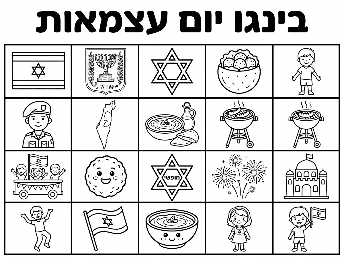 יצרת חנוכיה בתוך הבינגו, אמור להיות עם 7 קנים.
תוכל להחליף את החנוכיה ב- סמל המדינה מנורה עם ענפי זית?

והכותרת יכולה להיות בעברית: בינגו יום עצמאות

והפרח, מה זה? דם המכבים? התבלטתי אם שייך או לא?!
במקום המדורה, עדיף מנגל לא,?!? 

ואולי זיקוקים באחד הריבועים
