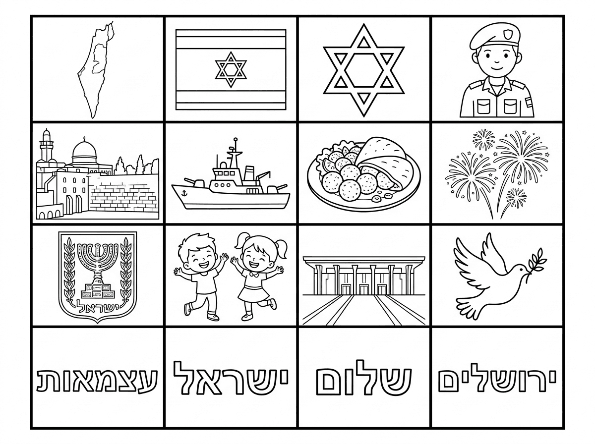 היי
אשמח לבינגו 
טבלה של 16 משבצות
עם הציורים הבאים:
מפת ארץ ישראל
דגל
מגן דוד
חייל
ירושלים
ספינה של חיל הים
מנת פלאפל
זיקוקים
סמל מדינת ישראל
ילדים רוקדים
בנין הכנסת
יונת שלום
והמילים הבאות:
עצמאות
ישראל 
שלום
ירושלים
כל הציורים בשחור לבן