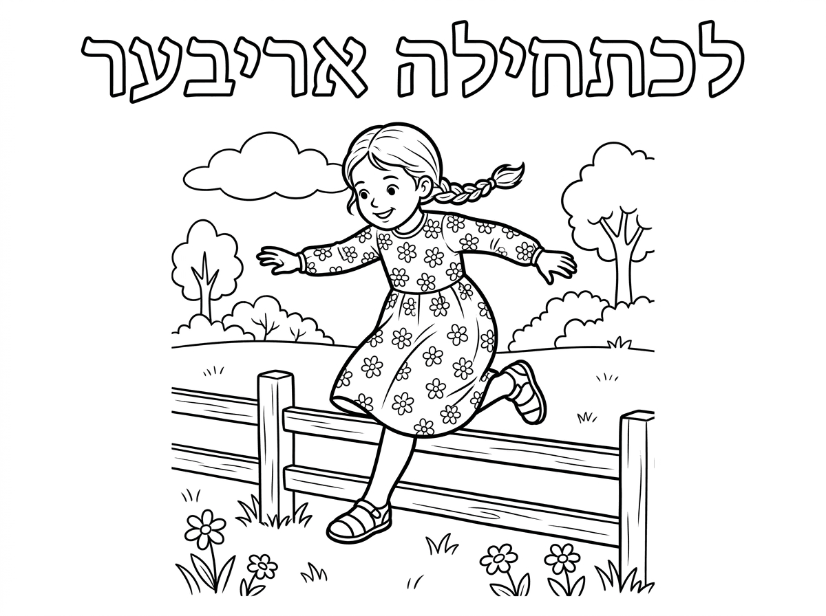 ילדה קטנה עם קוקיות עומדת ליד גדר נמוכה ומנסה לדלג מעליה, הבעה שמחה ונחושה. היא לובשת שמלה פרחונית צנועה וארוכה, באורך ברור שמגיע הרבה מתחת לברכיים, כך שהברכיים מכוסות לגמרי גם בזמן התנועה והקפיצה, עם שרוולים שמכסים את המרפקים, גרביונים וסנדלים. סביבה נעימה ופשוטה, עם כותרת גדולה וברורה למעלה: "לכתחילה אריבער"