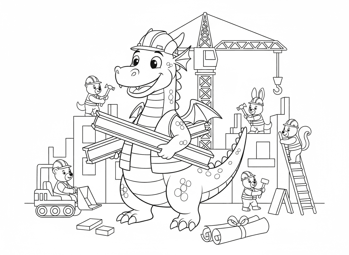 דרקון פועל בנייה - דרקון פועל בנייה באתר בנייה, קסדה, נושא קורות פלדה בקלות, מנוף בקרבת מקום, תוכניות שרטוט, חיות פועלות אחרות, אפוד בטיחות