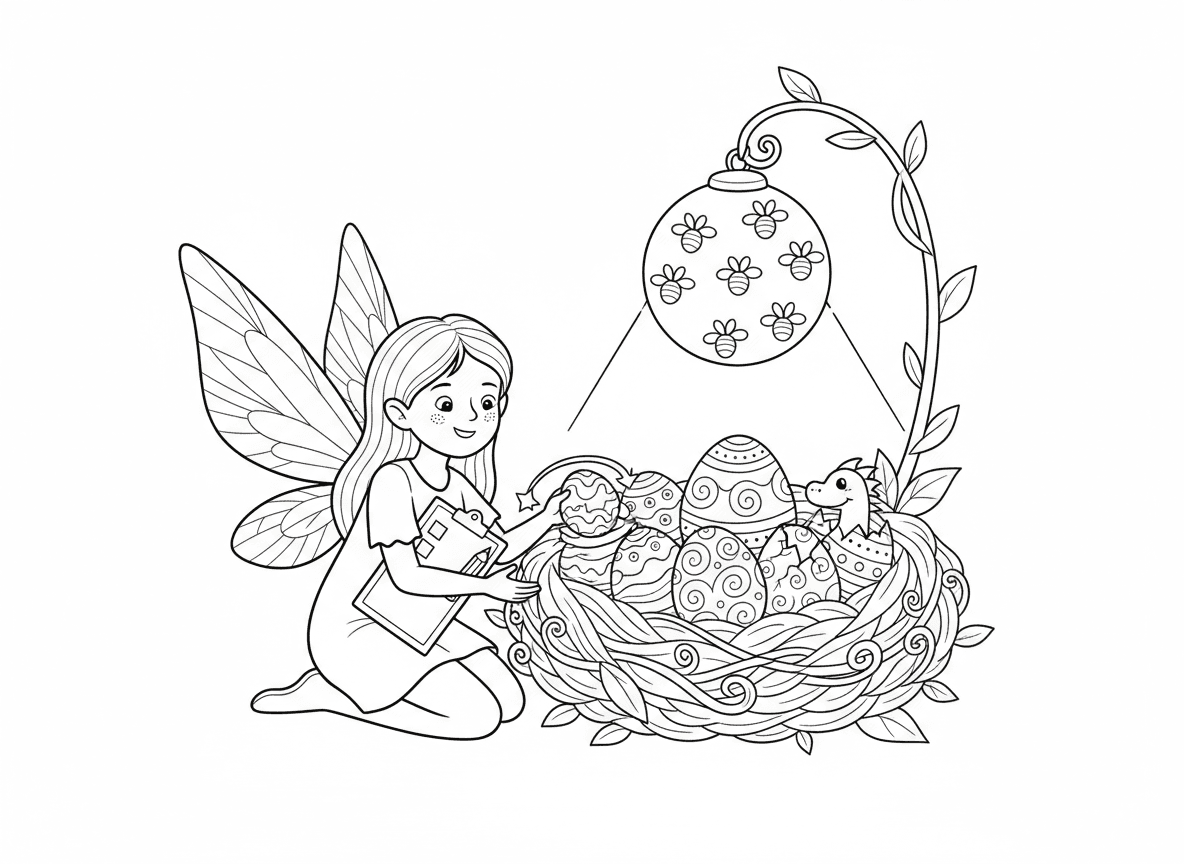 פייה ומשתלת ביצי דרקון - פייה מטפלת במשתלת ביצי דרקון זעירות בקן פרחים חם, מסובבת ביצים בזהירות, ביצה אחת מתחילה להיסדק, מנורת חום מגחלילית, לוח בקרה בודקת התקדמות