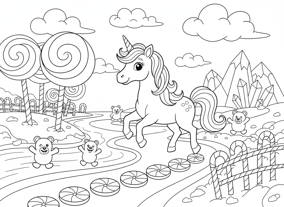 חד קרן בארץ הממתקים - חד קרן בארץ פלאות של ממתקים, נהרות שוקולד, עצי סוכריות על מקל, דובוני גומי אזרחים, עננים של שערות סבתא, גדרות סוכריות, אבני דריכה ממנטה, הרי סוכר