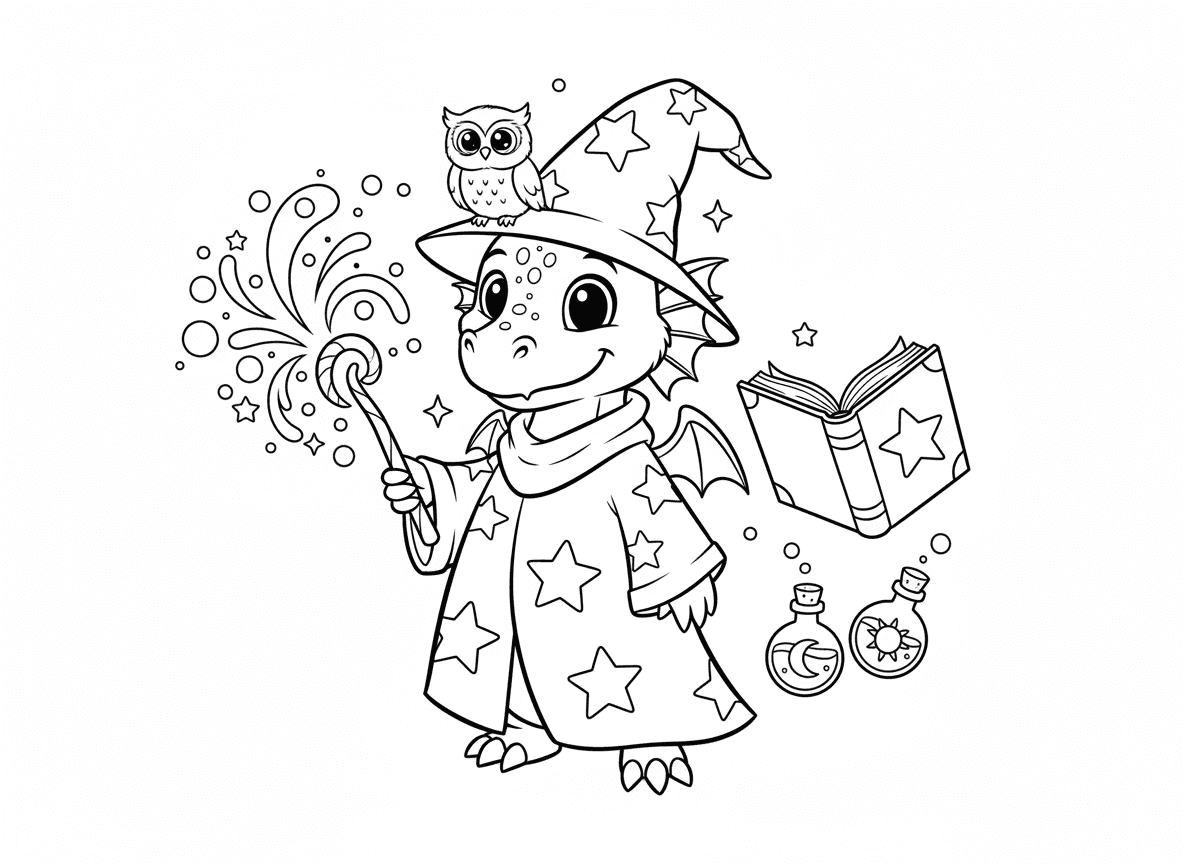 דרקון קוסם מטיל כישופים - דרקון קוסם עם גלימה מכוסה כוכבים וכובע מחודד, מטיל כישוף צבעוני משרביט, ספר כישופים מרחף, בקבוקי שיקויים, ניצוצות קסומים, ינשוף על הכובע