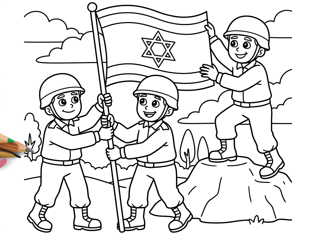 שלום, תכין לנו בבקשה דף צביעה שבו רואים חיילים מרימים את דגל ישראל על כתפייהם