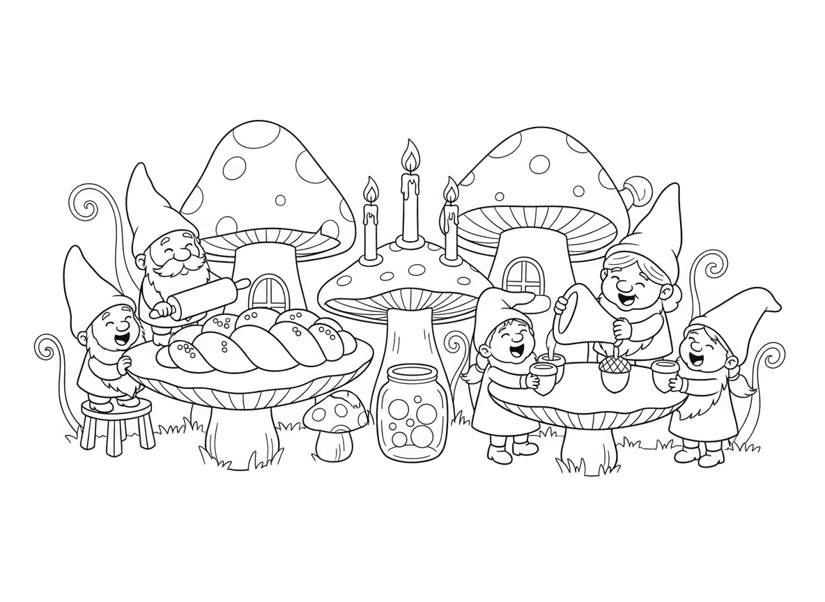 ארוחת שבת בכפר הגמדים - גמדים זעירים מכינים חלות ענקיות על שולחנות פטריות, מדליקים נרות על פמוטי מוכין, סבתא גמדית מוזגת מיץ ענבים מכוס פרח, ילדי גמדים שרים סביב השולחן, וצנצנות גחליליות זוהרות