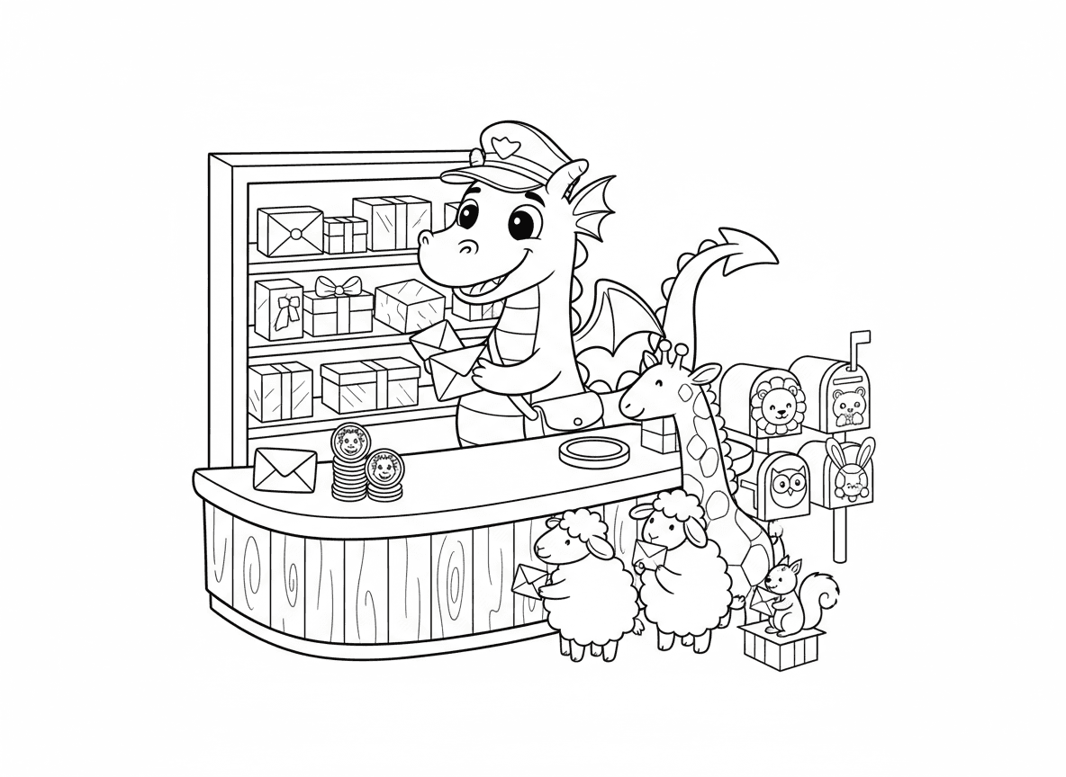 סניף דואר של דרקון - דרקון מנהל סניף דואר, ממיין מכתבים עם הזנב, בולים עם פרצופי דרקון, תיבות דואר לחיות שונות, תור של לקוחות, חבילות בכל הגדלים