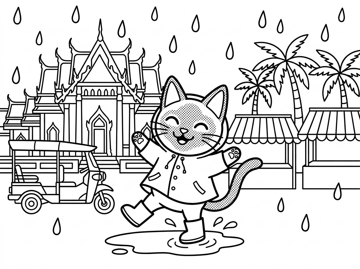 วาดภาพแมวสยามกำลังเต้นรำท่ามกลางสายฝนในกรุงเทพฯ