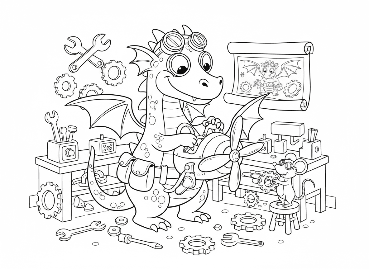 דרקון ממציא בסדנה - דרקון ממציא בסדנה מבולגנת, עובד על מכונת תעופה, גלגלי שיניים וכלים בכל מקום, שרטוט על הקיר, משקפי מגן על המצח, עכבר עוזר מגיש כלים