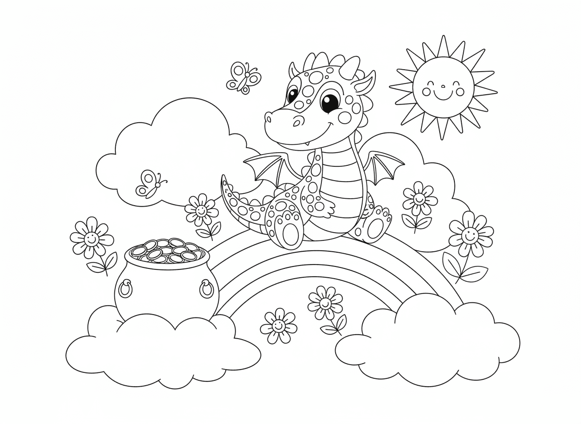 דרקון וקשת בענן - דרקון שמח יושב בקצה קשת בענן, סיר זהב בקרבת מקום, קשקשים צבעוניים משקפים צבעי הקשת, פרחים ופרפרים סביב, עננים לבנים רכים, שמש בהירה