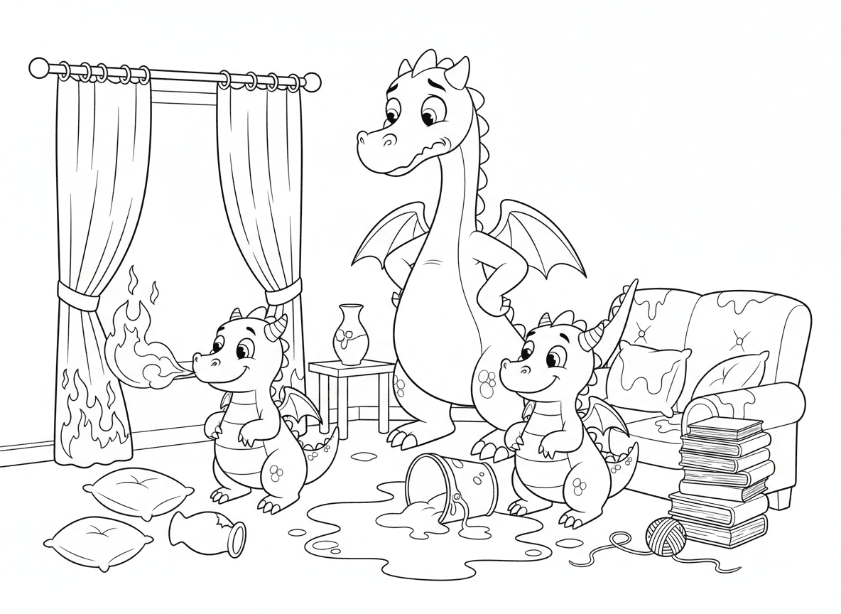 דרקונים תאומים עושים שטויות - דרקונים תינוקות תאומים גורמים לשובבות, אחד שרף וילונות בטעות, השני שפך צבע, אמא דרקון עם ידיים על המותניים נראית מותשת, סלון מבולגן