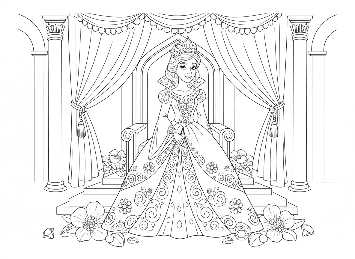 אסתר המלכה בשמלה מלכותית - אסתר המלכה היפה לובשת שמלה מלכותית מפוארת וכתר, עומדת בארמון הפרסי, וילונות אלגנטיים, חדר כס המלכות, תכשיטים ופרחים, תנוחה מלכותית