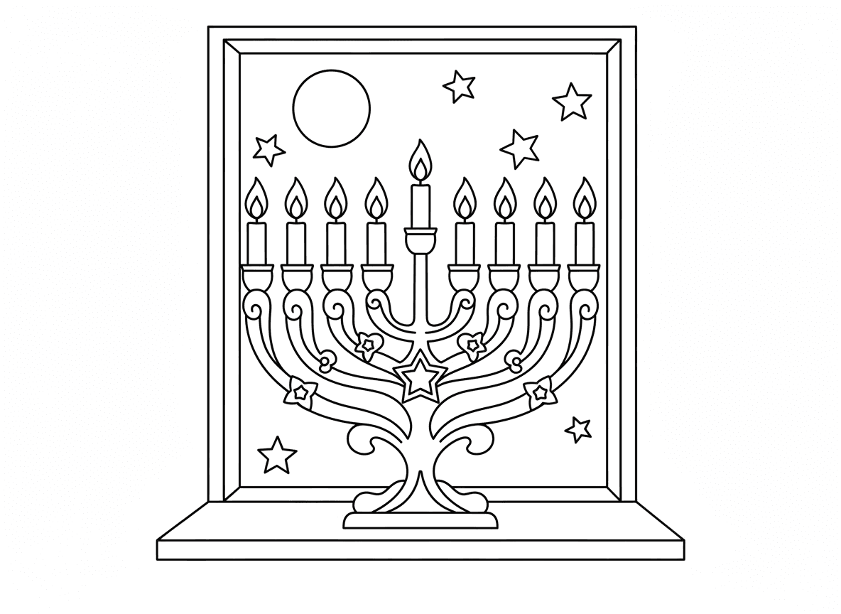 חנוכייה דולקת מלאה - חנוכייה יפה עם כל תשעת הנרות דולקים, כולל השמש, זוהר זהוב חם, להבות רוקדות, עיצוב חנוכייה דקורטיבי, על אדן חלון, לילה בחוץ