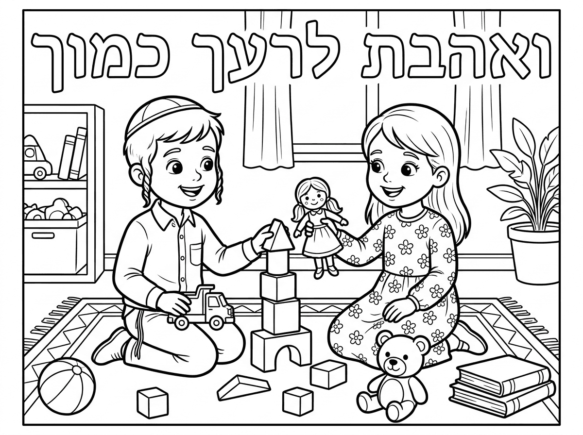 היי. תוכל ליצור לי דף צביעה של שני ילדים שמשחקים יפה ביחד .
שהילד הבן יהיה עם כיפה על הראש ופאות והילדה תהייה עם שרוולים ארוכים ושמלה .
ושיהיה כתוב למעלה :
ואהבת לרעך כמוך