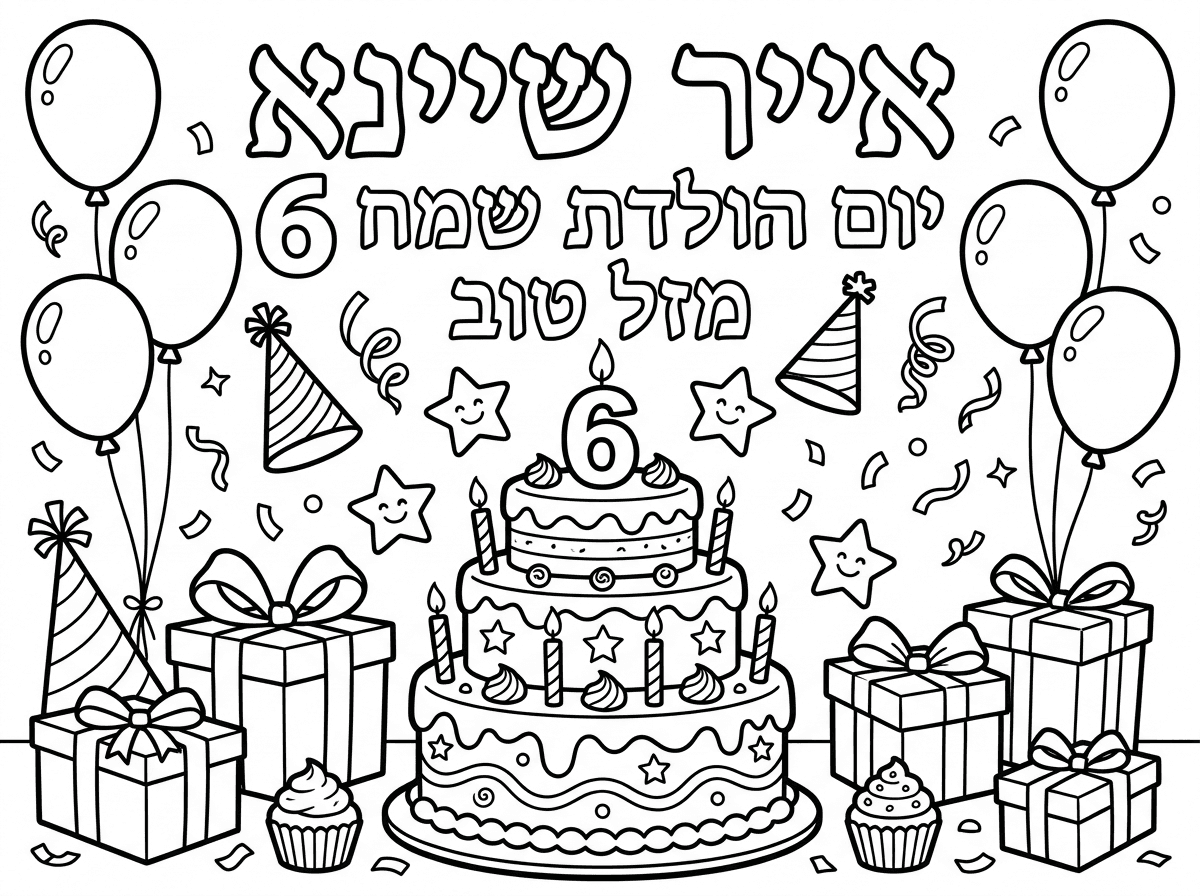 ודף צביעה לאייר שיינא יום הולדת שמח 6 מזל טוב