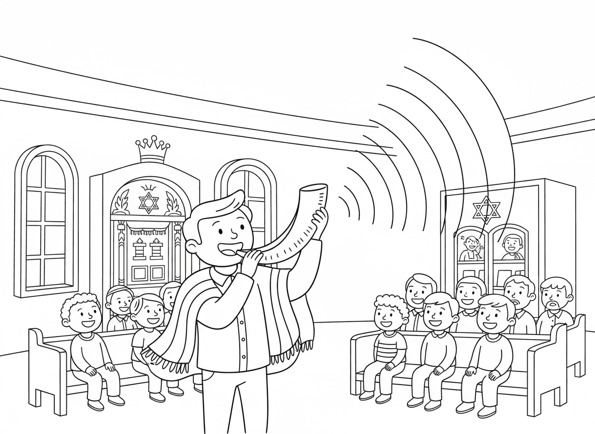 תקיעת שופר בראש השנה - אדם תוקע בשופר גדול (קרן איל) עם גלי קול יוצאים, קהילה מקשיבה, רקע בית כנסת, טלית, אווירת ימים נוראים