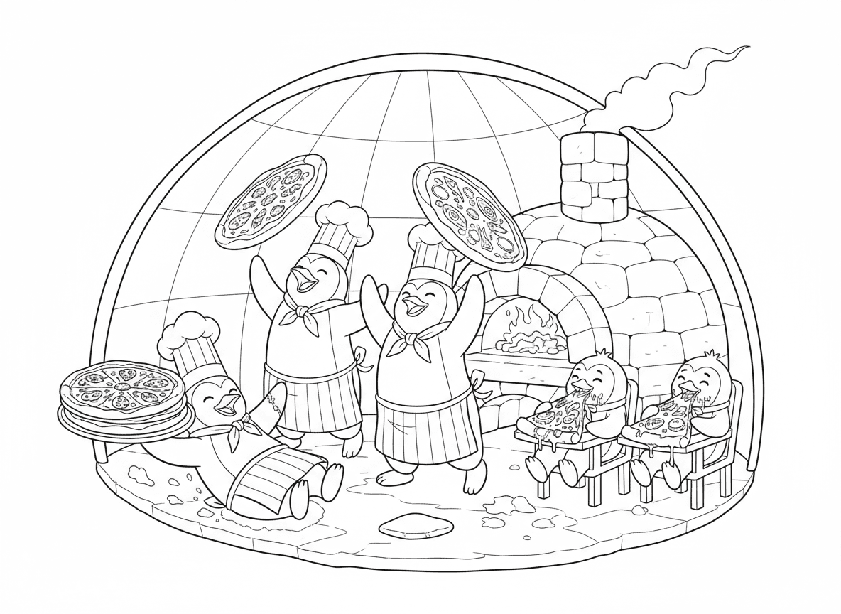 פיצרייה של פינגווינים - פינגווינים בסינרים מסובבים בצק פיצה באוויר, פינגווין מחליק על הרצפה עם משלוח פיצות, פיצת דגים ואצות כמנה מיוחדת, פינגווינים תינוקות אוכלים משולשים מלוכלכים, ותנור בצורת איגלו