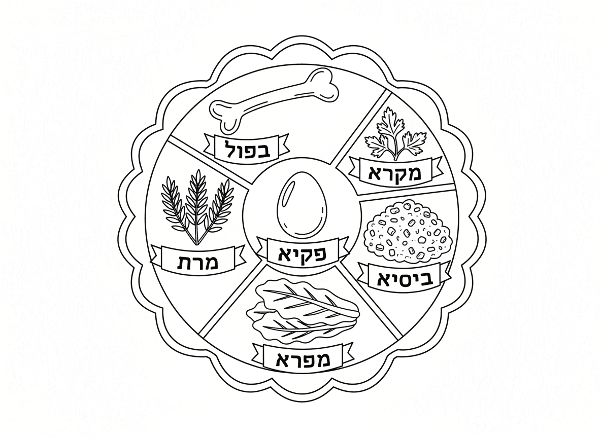 קערת סדר עם כל הפריטים - קערת סדר פסח מעוטרת יפה עם ששת הפריטים: מרור, חרוסת, כרפס, זרוע, ביצה וחזרת, קערה מעוטרת עם שמות בעברית