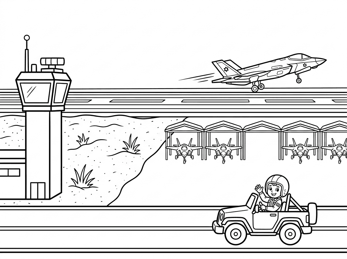 תתקן לי את התמונה של הדף צביעה של מטוס F-35 ישראלי של טייסת 116 רחוק, ממריא (עדיין על המסלול) בצד שמאל לפני המסלול המגדל פיקוח ובצד ימין לפני המסלול החניה של המטוס, ביניהם יש חול.
לפני החול בקצה של הדף יש כביש שבו נוסע טייס עם סרבל טיסה.
המסלול צריך להיות מימין לשמאל וגם המטוס מימין לשמאל אחת החניות בצד ימין צריכה להיות ריקה ובשאר החניות מטוסי F-35 .